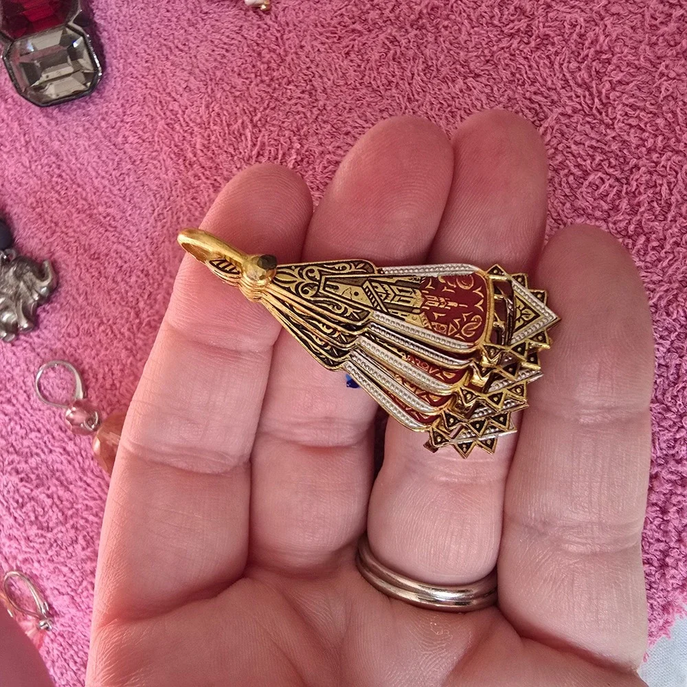 Vtg Spanish Damascene Folding Fan Brooch Pendant Gold Red Enamel Toledo Spain